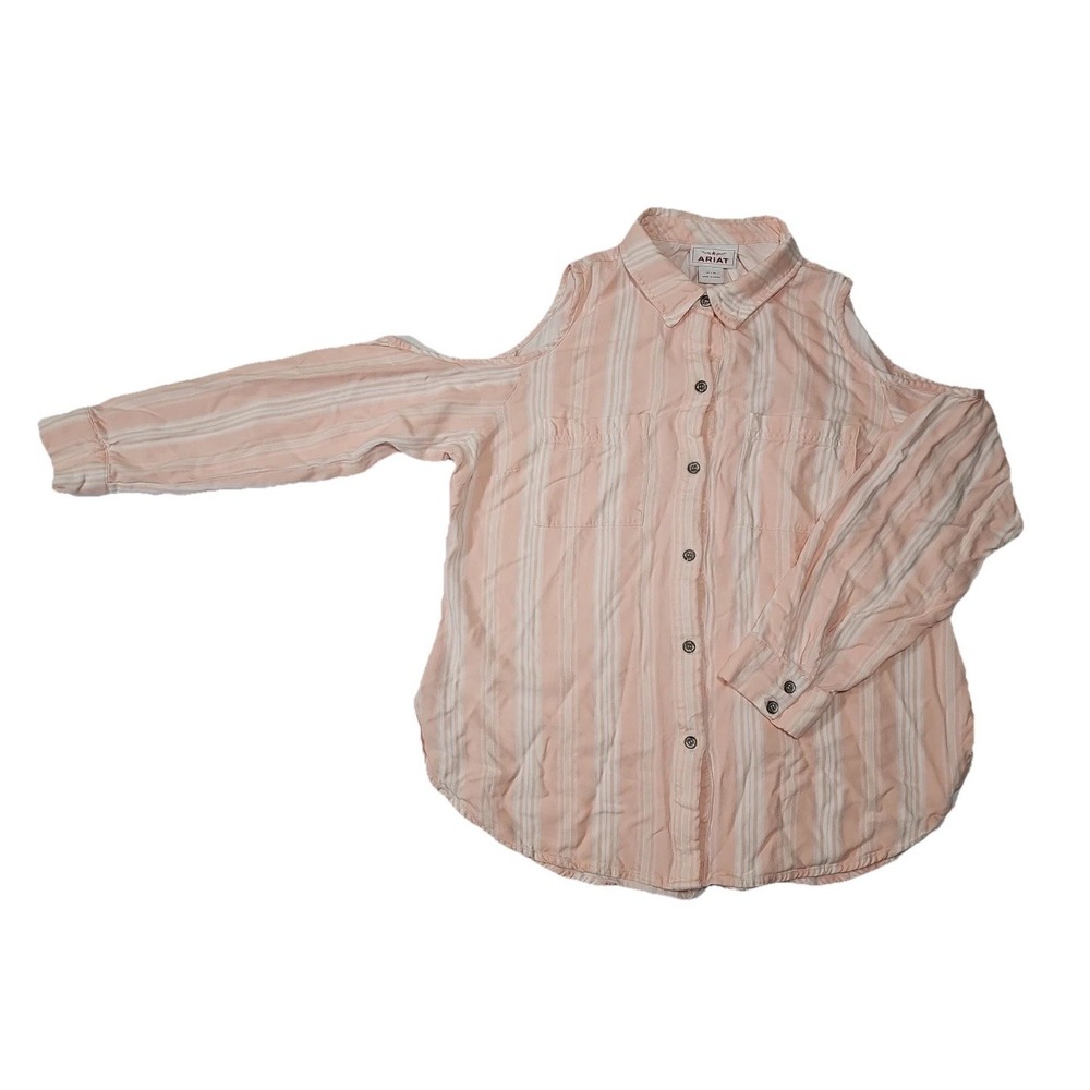 Ariat Peach‎ Striped Cold Shoulder Long Sleeve Womens Top Button Up Shirt M